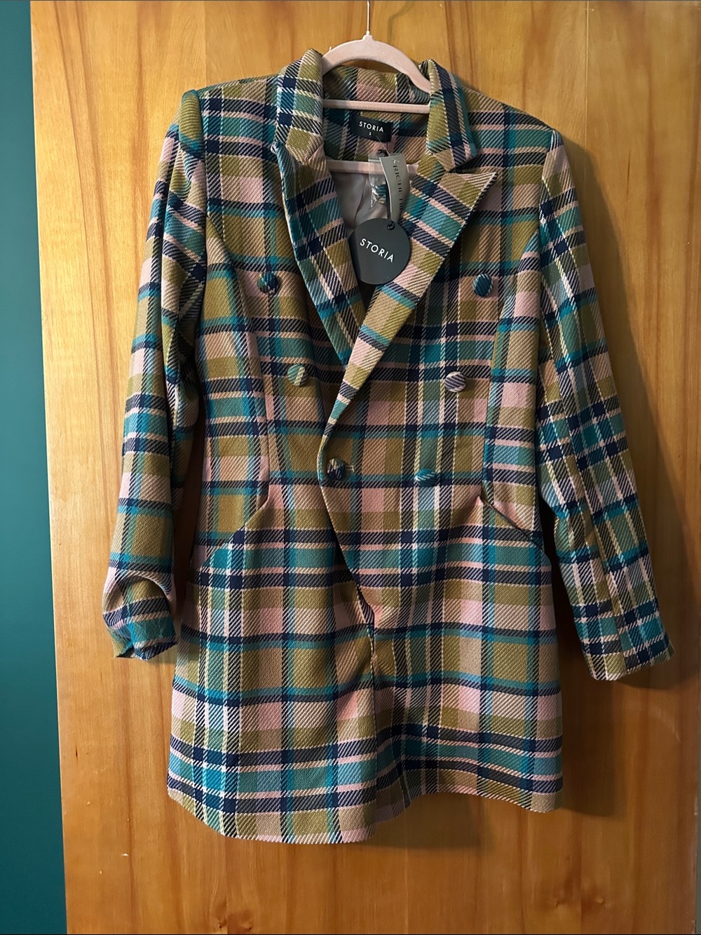 Storia Plaid Double-Breasted Blazer Romper/Onepiece in Pink, Teal & Mustard